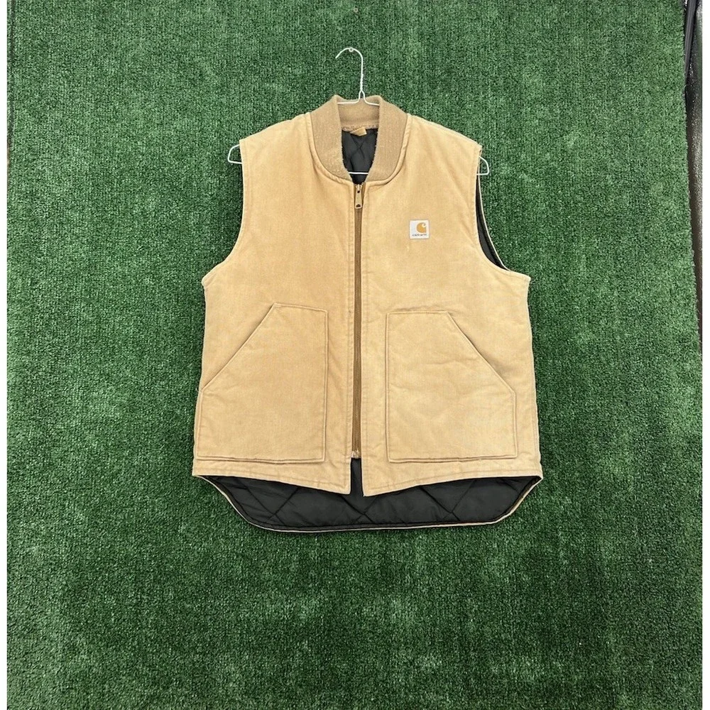 Carhartt Duck Vest Mens Large Tan Quilted Lined USA Made Vtg V0186 Faded Work